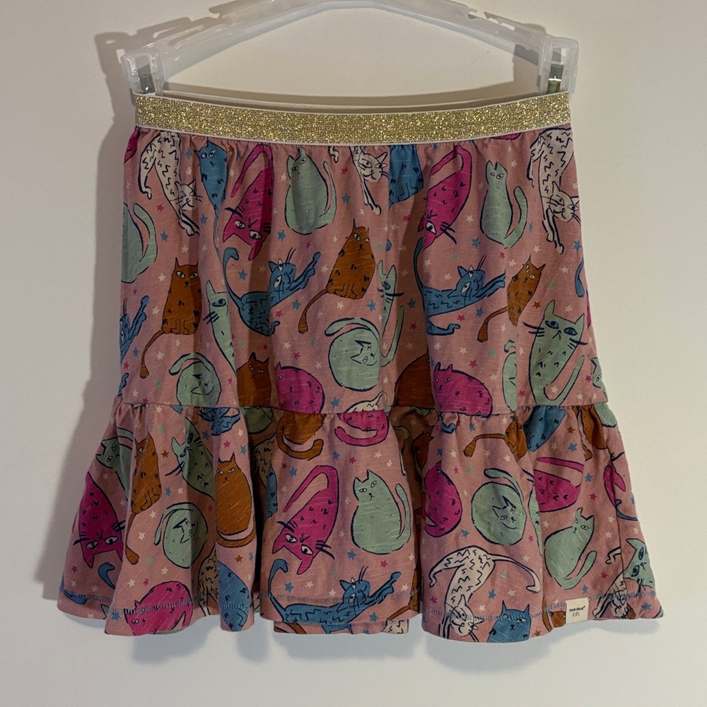 White Stuff Kids Colorful Cat Print Skirt with Gold Waistband